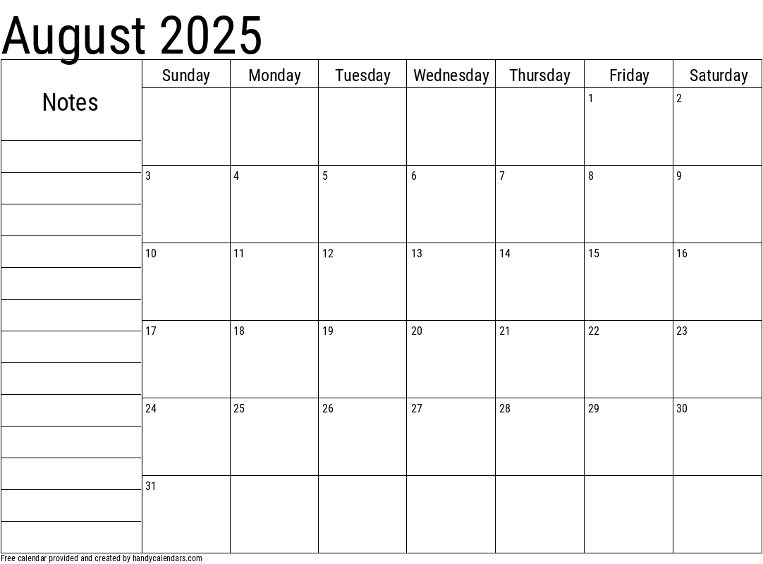 August 2025 Calendar With Notes Handy Calendars