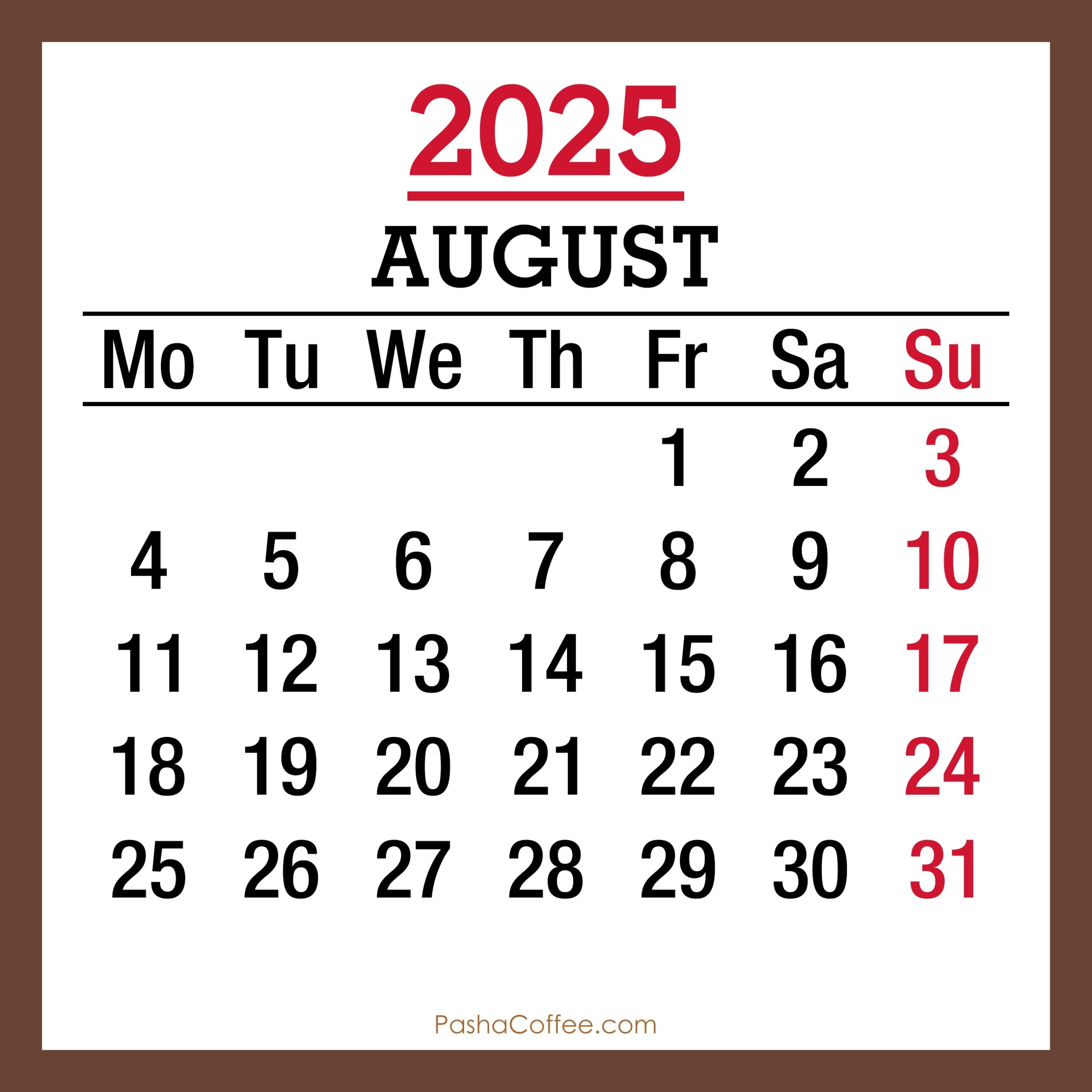 August 2025 Monday Start Calendar