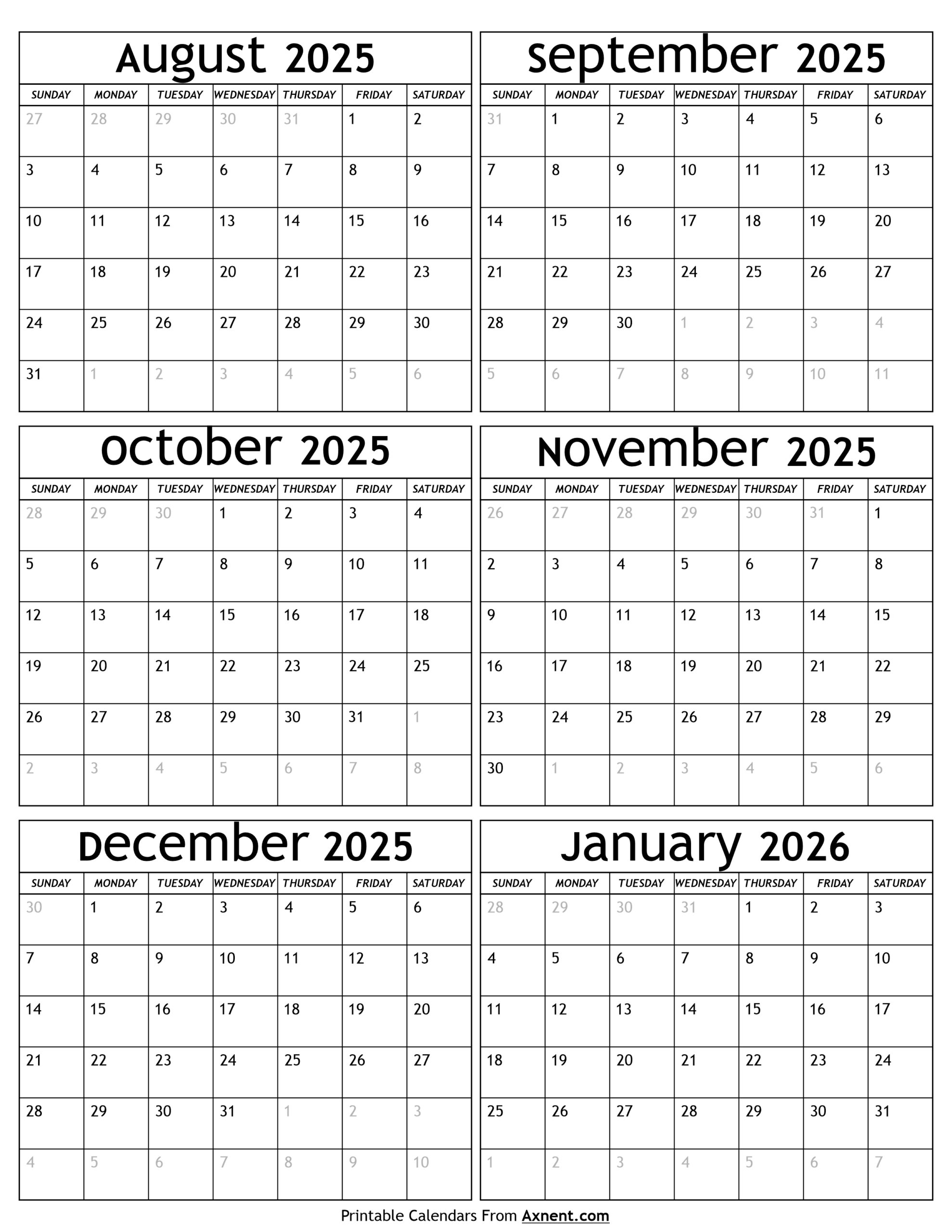 August 2025 to January 2026 Calendar