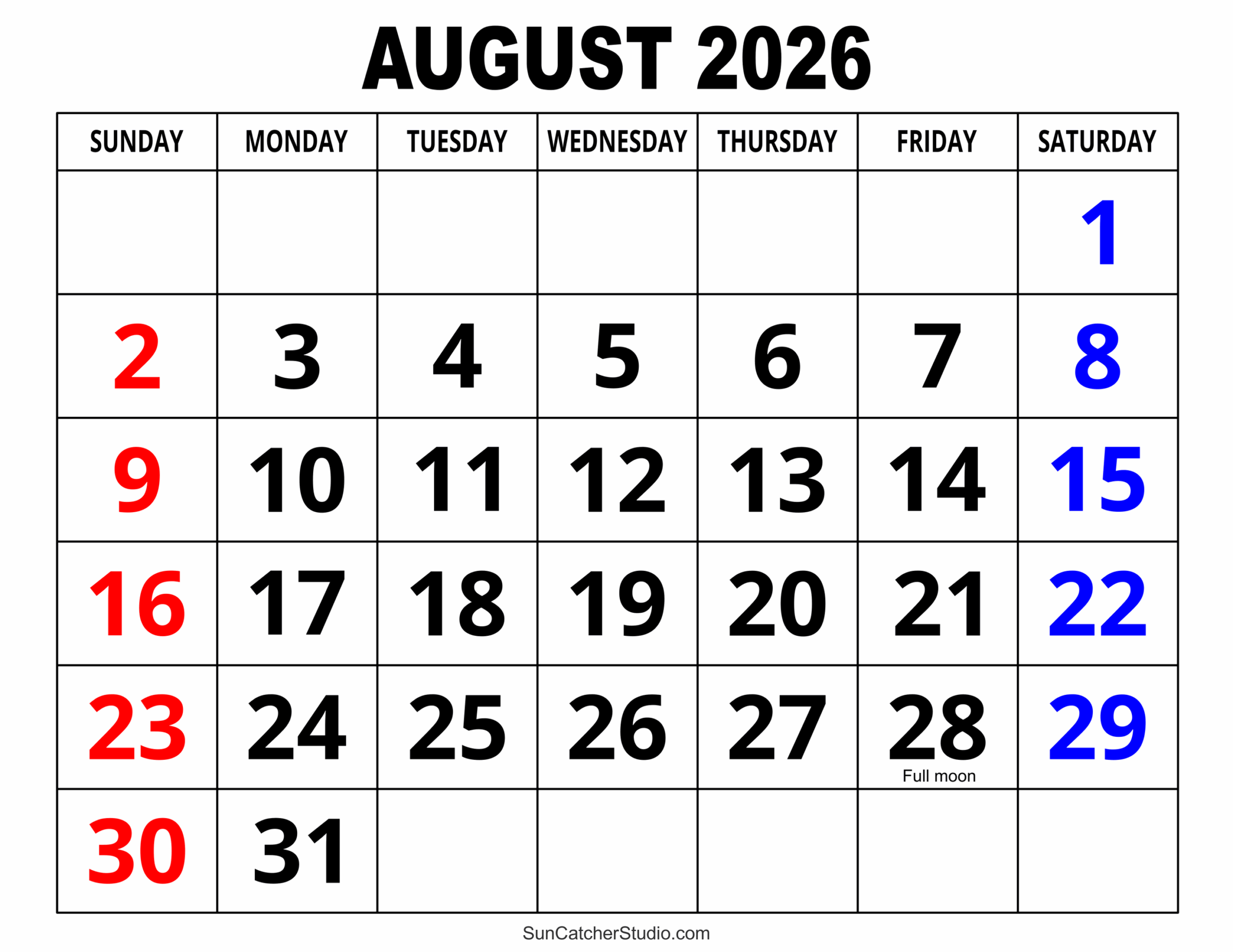 August 2026 Blank Printable Calendar