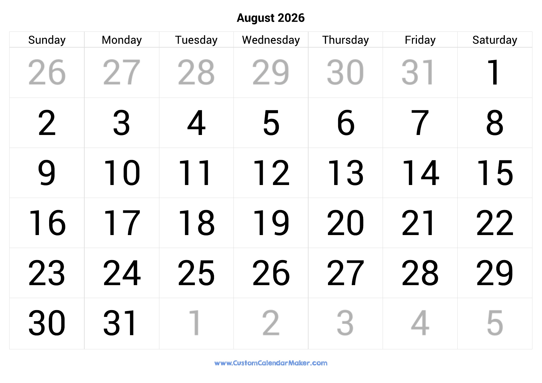 August 2026 Calendar Printable With Large Numbers Custom Calendar Maker