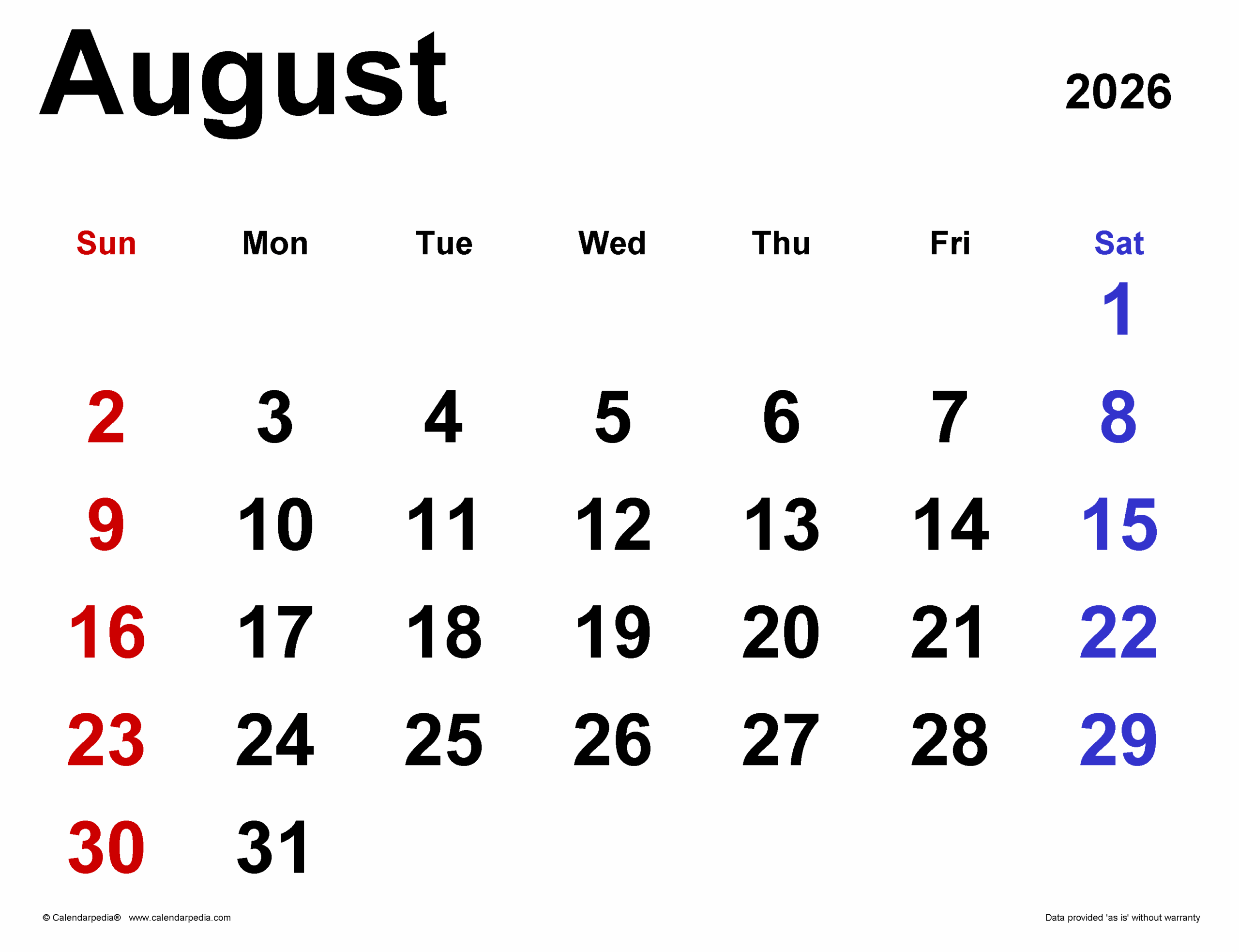 August 2026 Calendar with Holidays