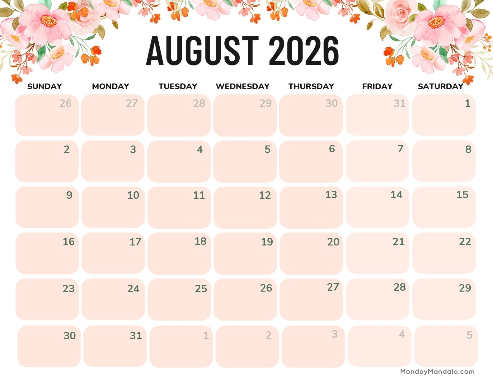 August 2026 Floral Calendar Printable