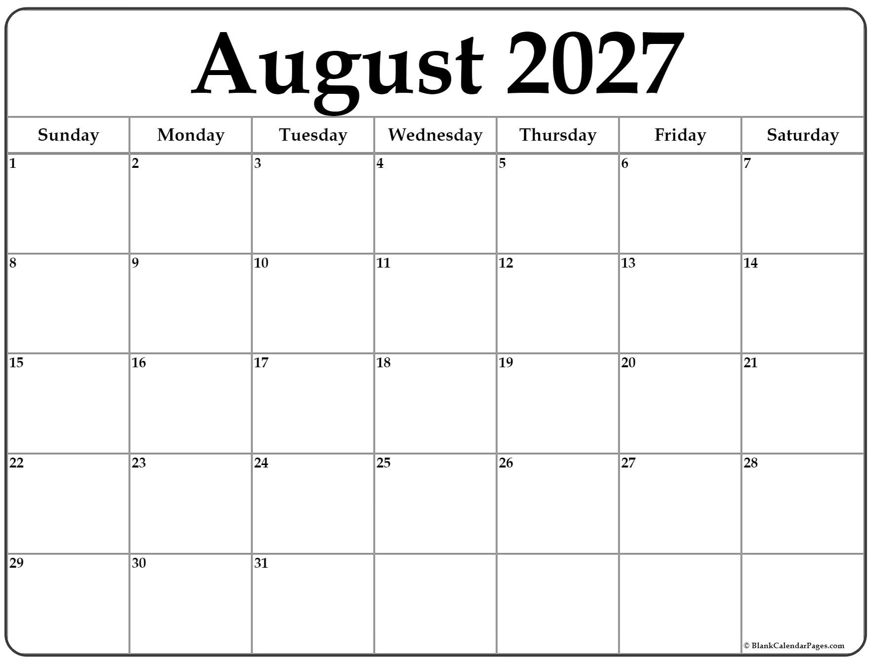 August 2027 Calendar Free Printable Calendars