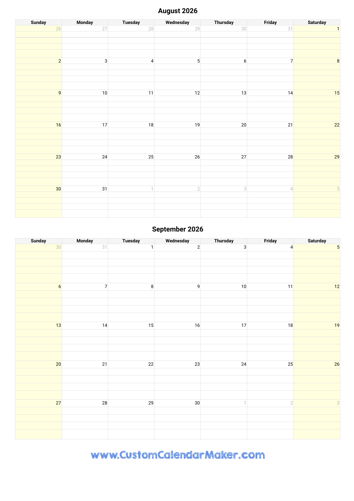 august and september 2026 calendar printable