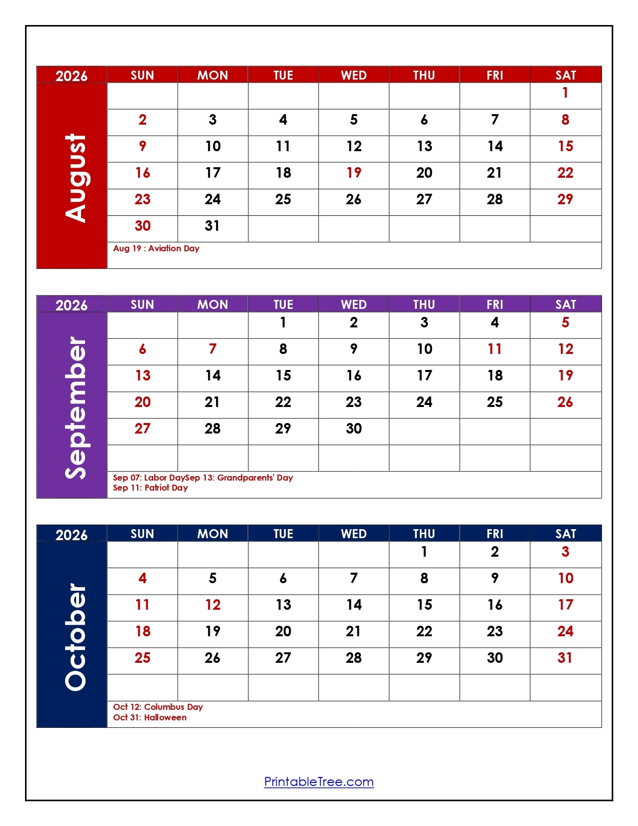 August To October 2026 Calendar Printable Three Month Calendar