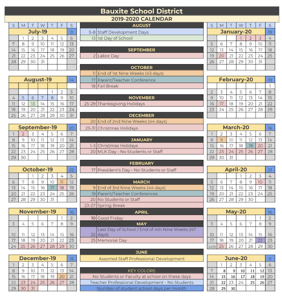 Bauxite 2019 2020 District Calendar Bauxite Public Schools