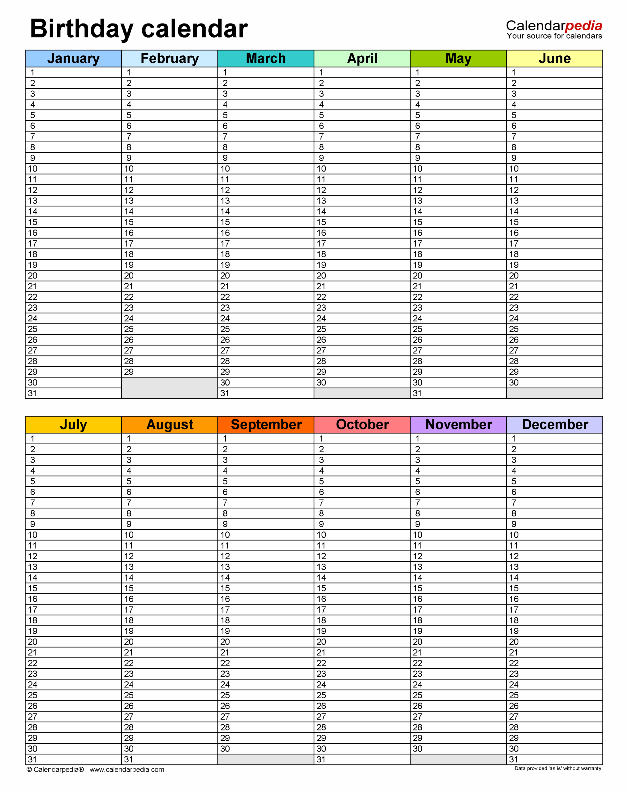 Birthday Calendars Free Printable PDF Templates