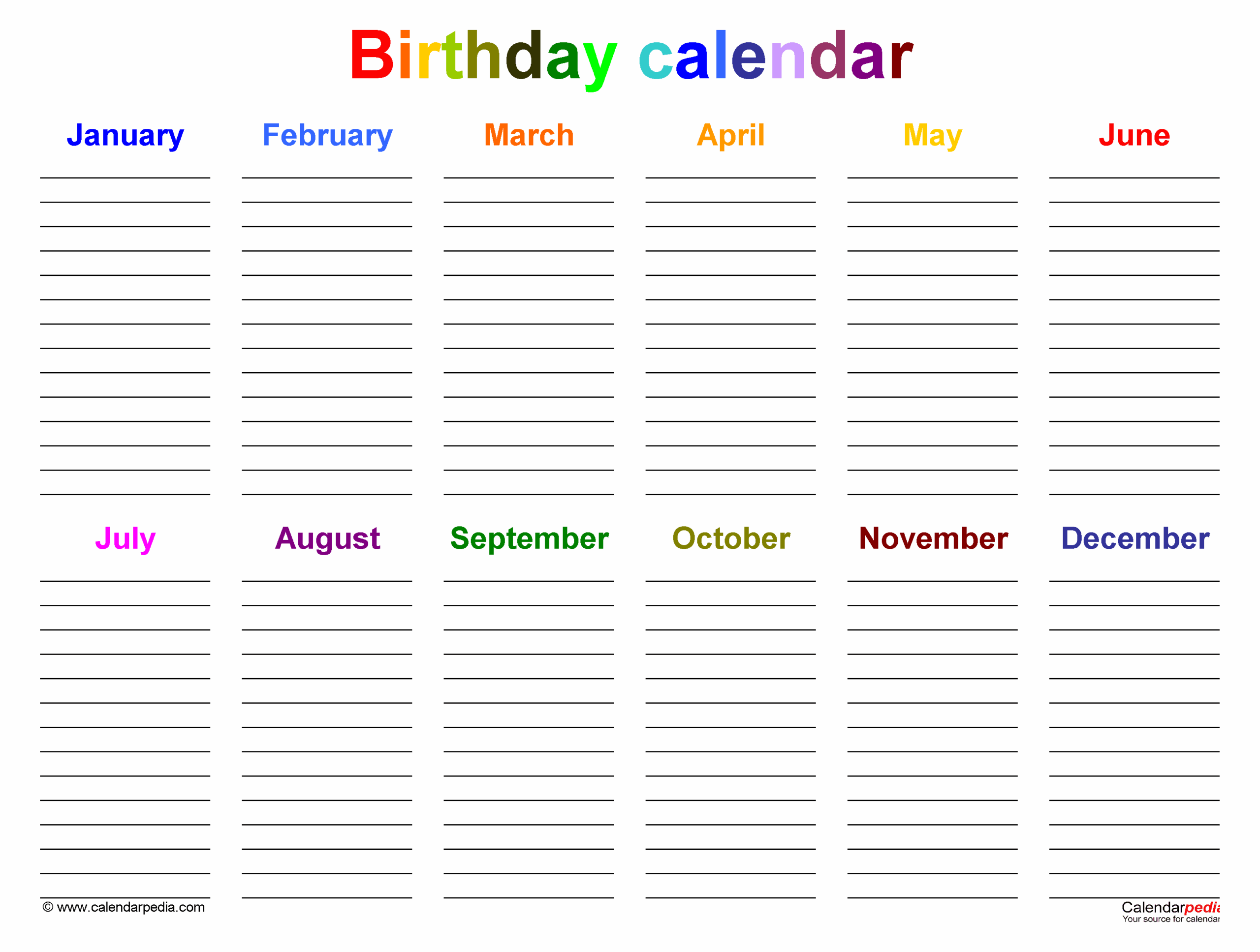 Birthday Calendar Landscape 1 Page