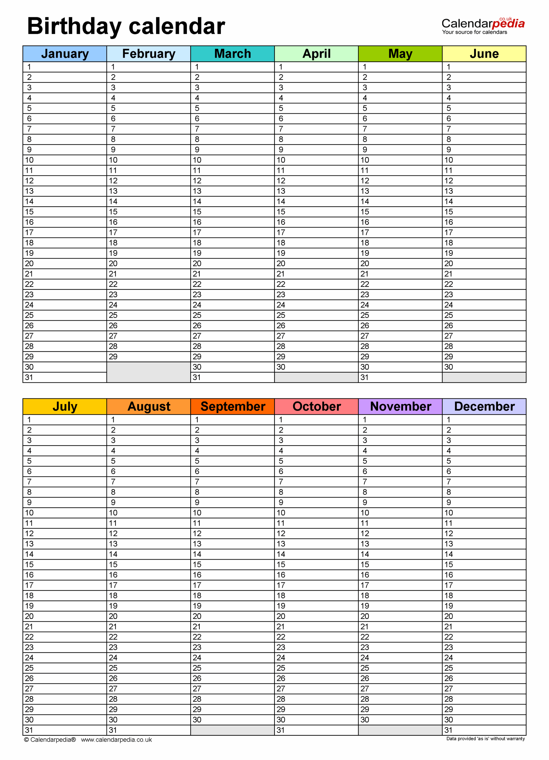 Birthday Calendars In PDF Format