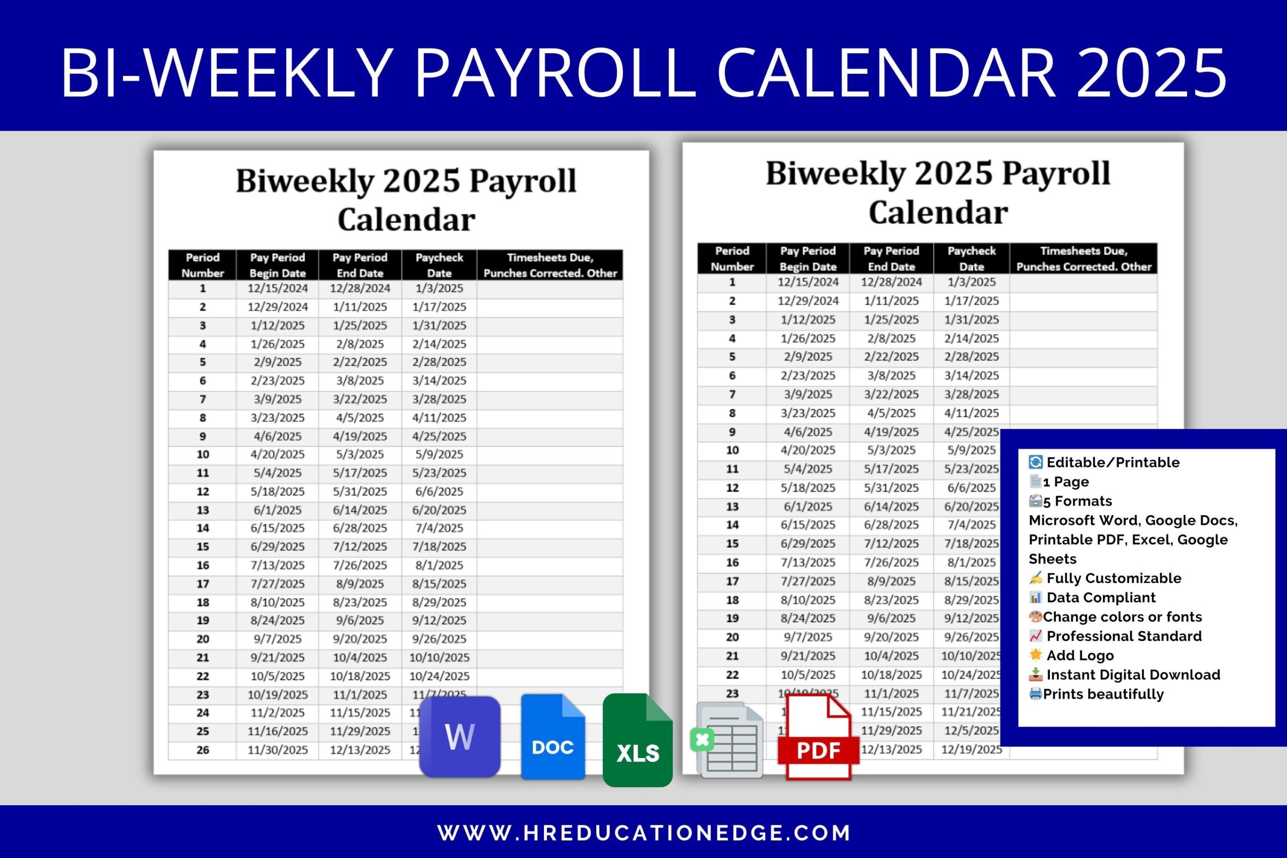 Biweekly Payroll Calendar 2025 MS Editable Word Excel Pay Period Start End Date Paycheck Schedule Employee Compensation Etsy Norway