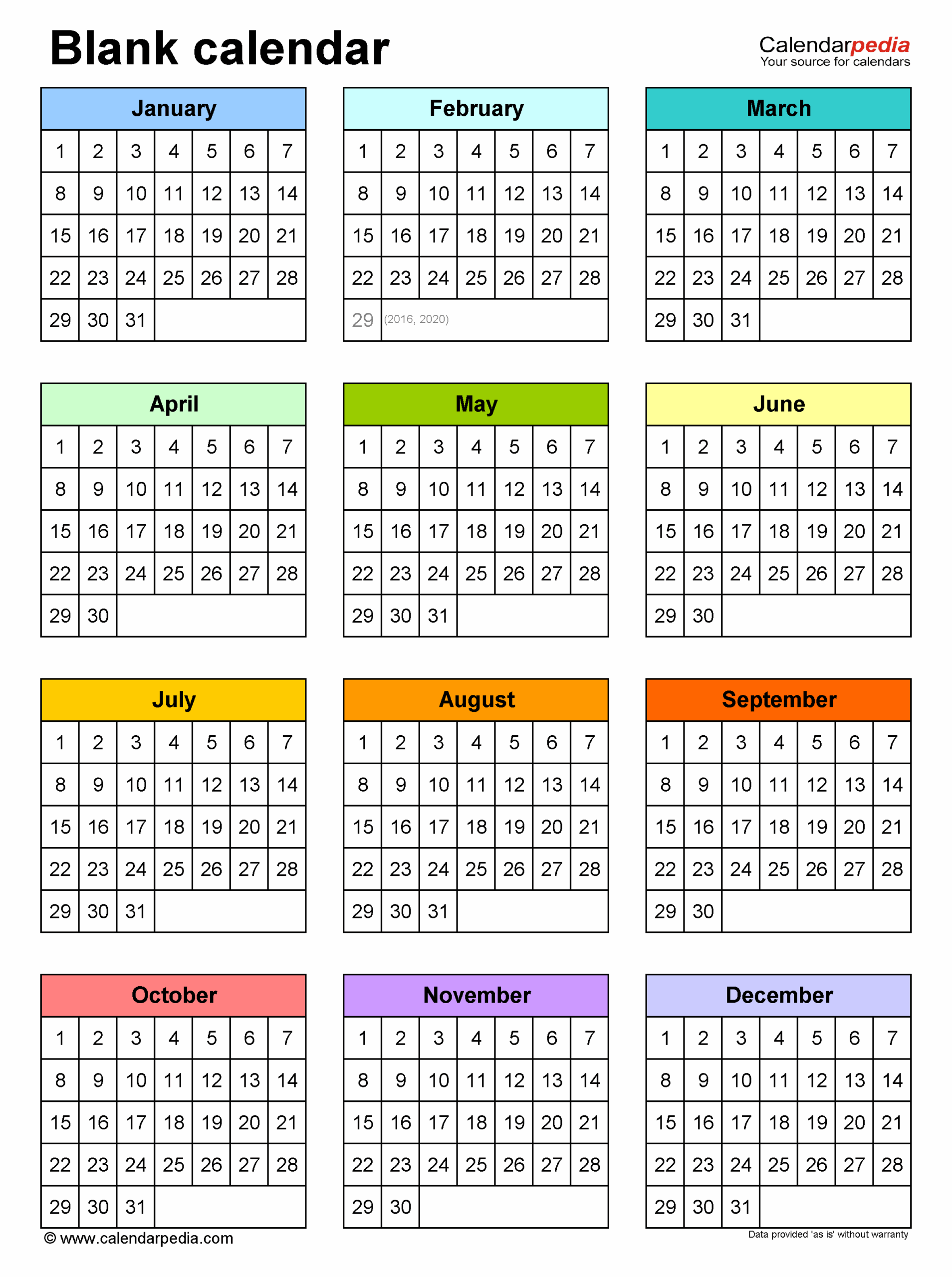 Blank Calendar Yearly Portrait One Pages