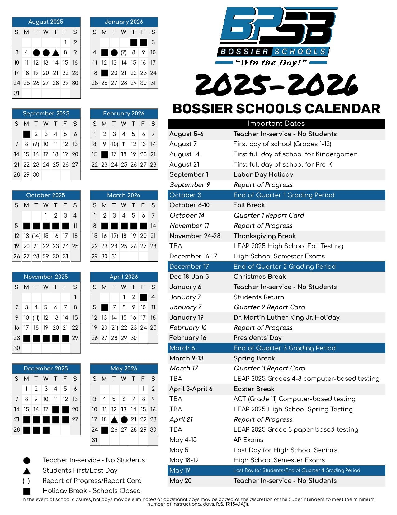 Bossier Parish Schools Calendar 2025 2026 Holidays