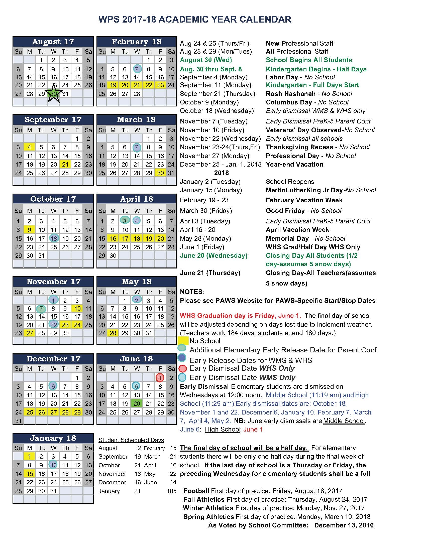 Calendar academic 2017 18 Wellesley Middle School