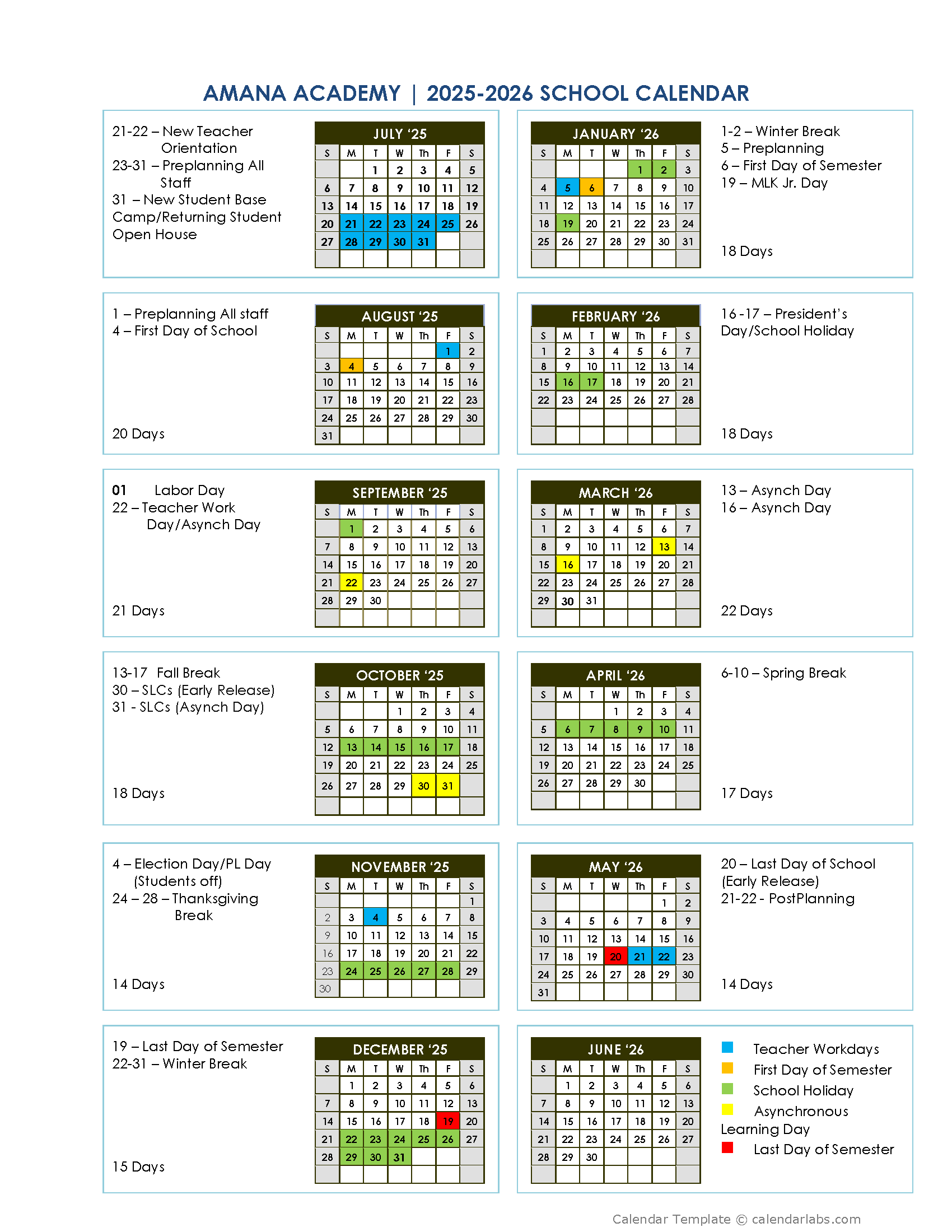 Calendar Amana Academy North Fulton