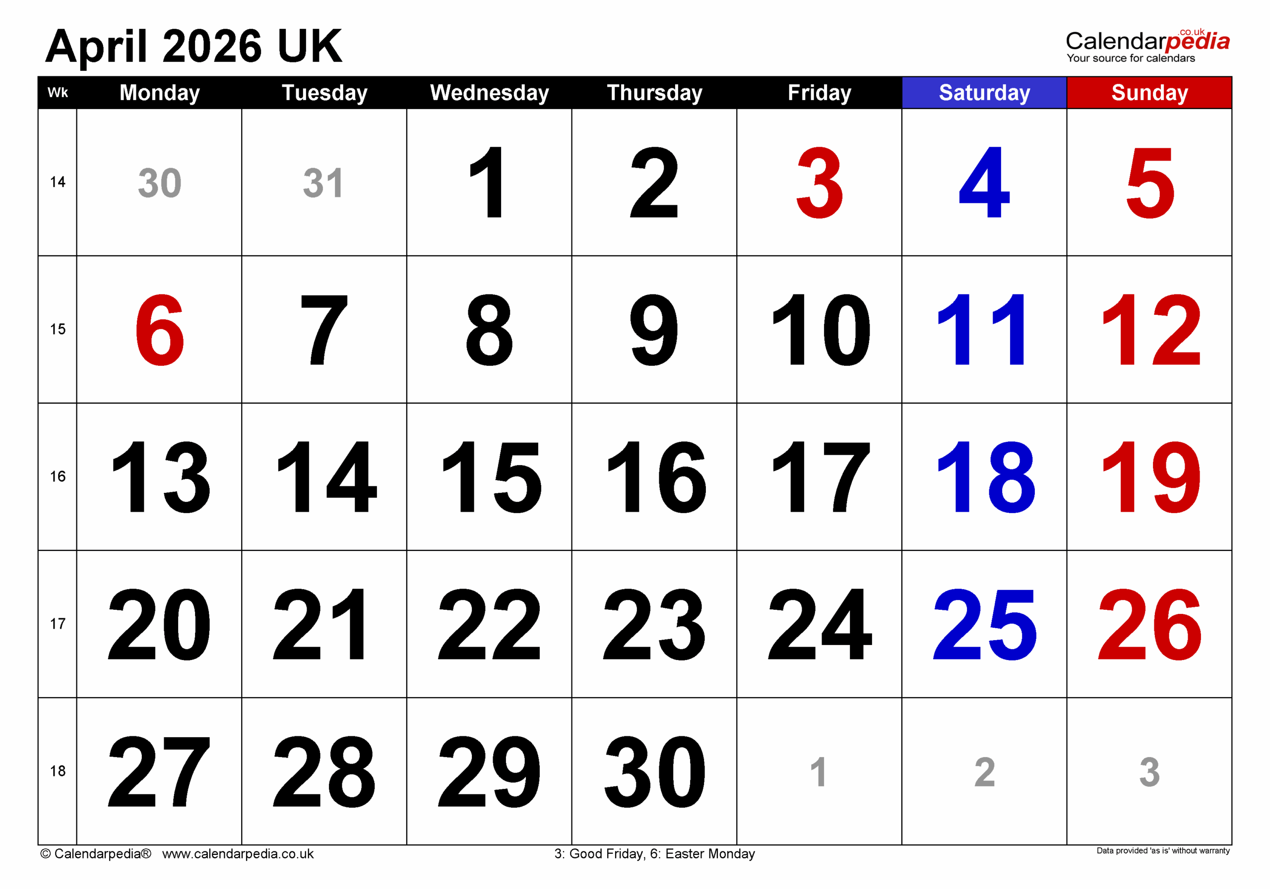April 2026 Calendar Large Number