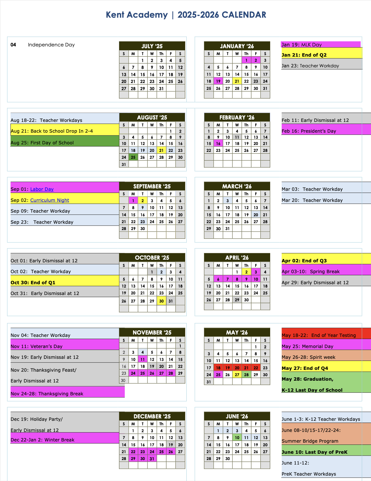 Calendar Explore Our School Calendar Today Kent Academy