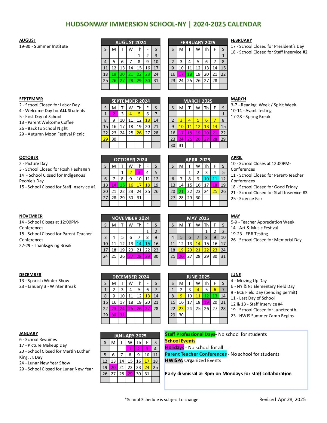 Calendar HudsonWay Immersion School NY And NJ