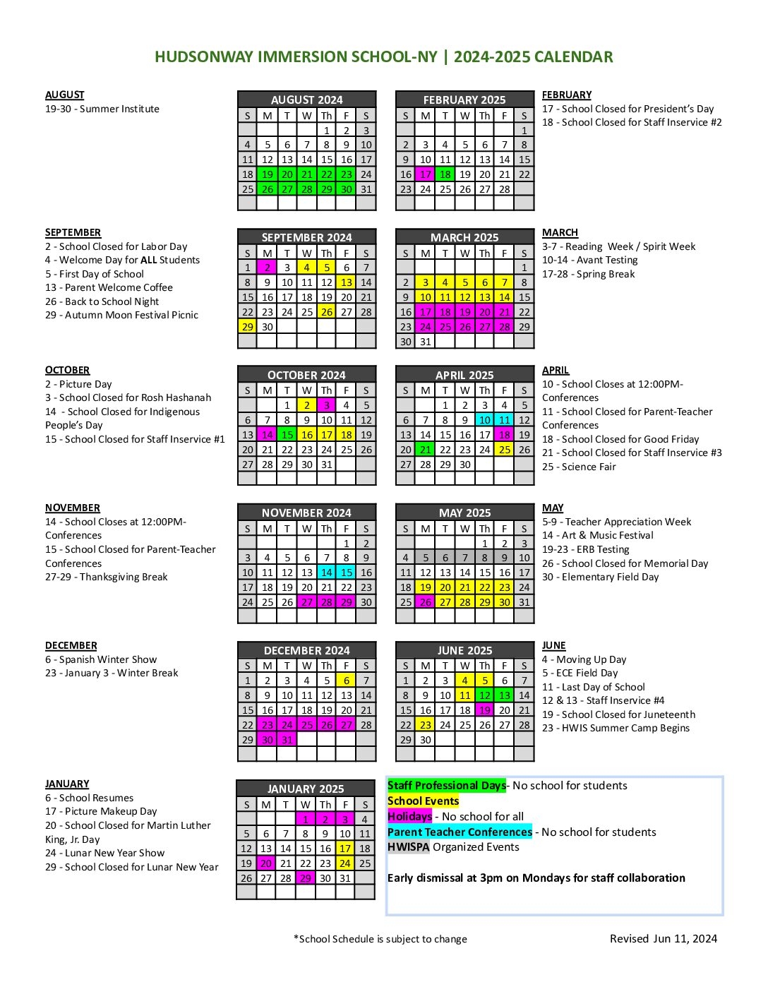 Calendar HudsonWay Immersion School NY And NJ