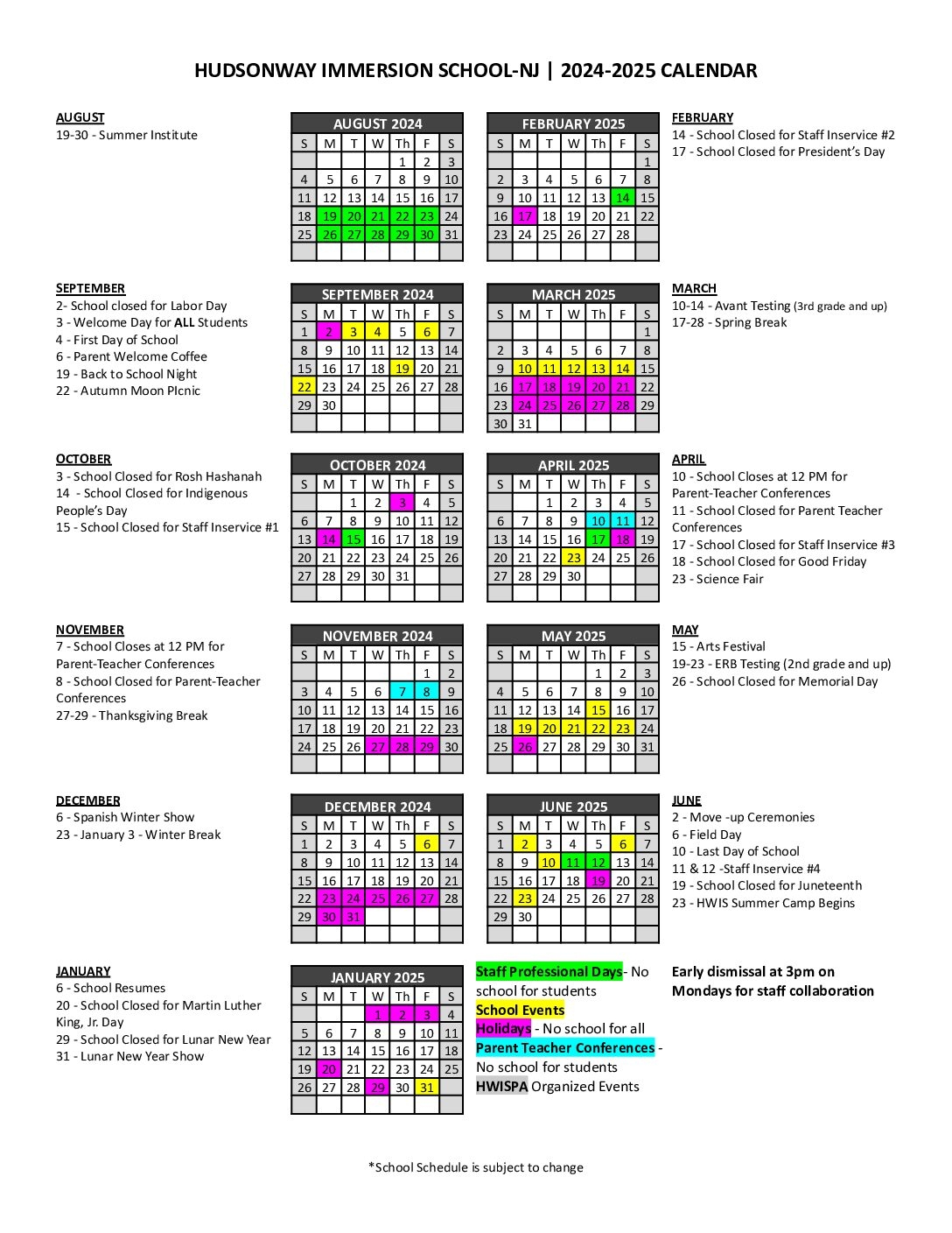 Calendar HudsonWay Immersion School NY And NJ
