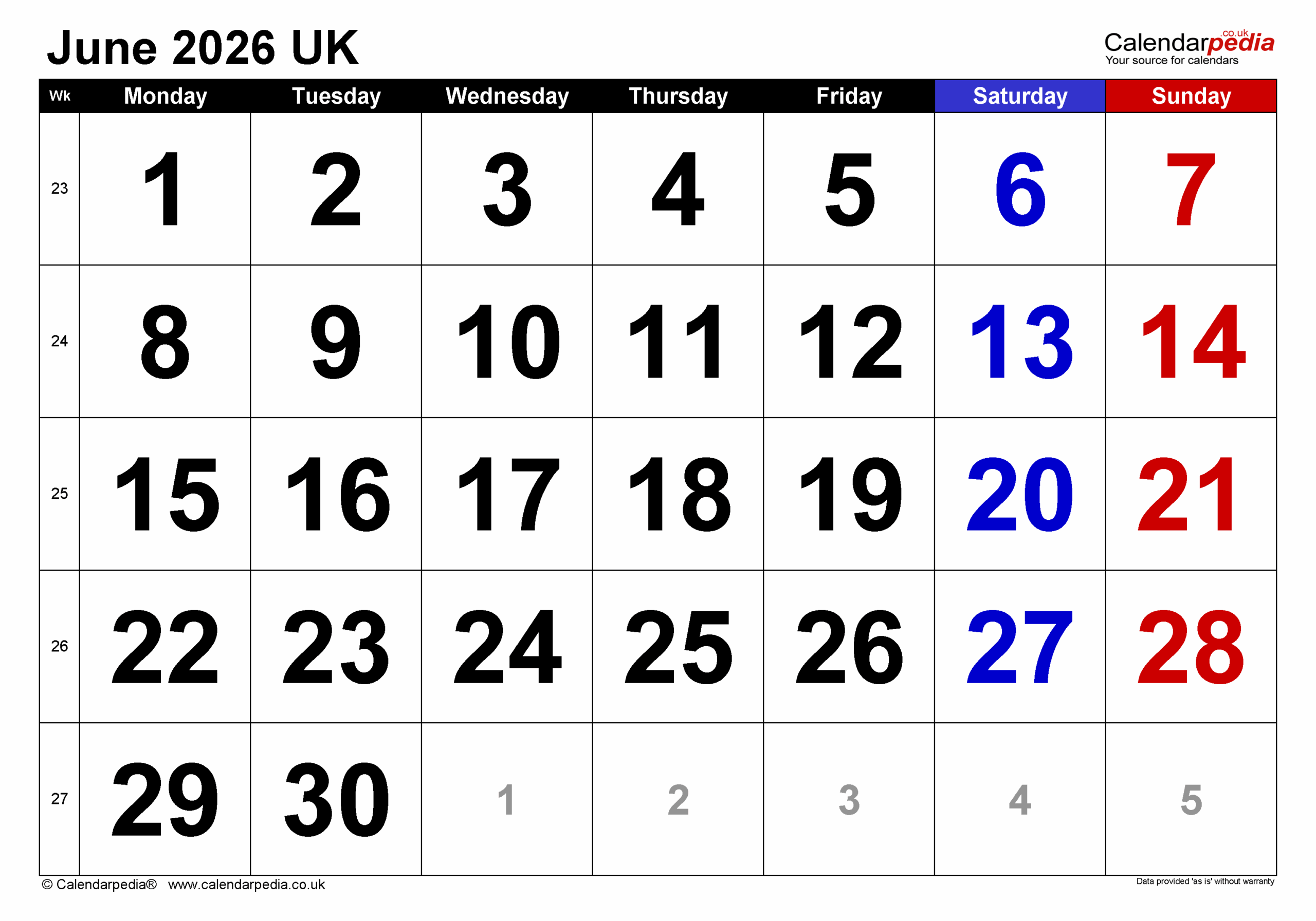 June 2026 Calendar Large Number