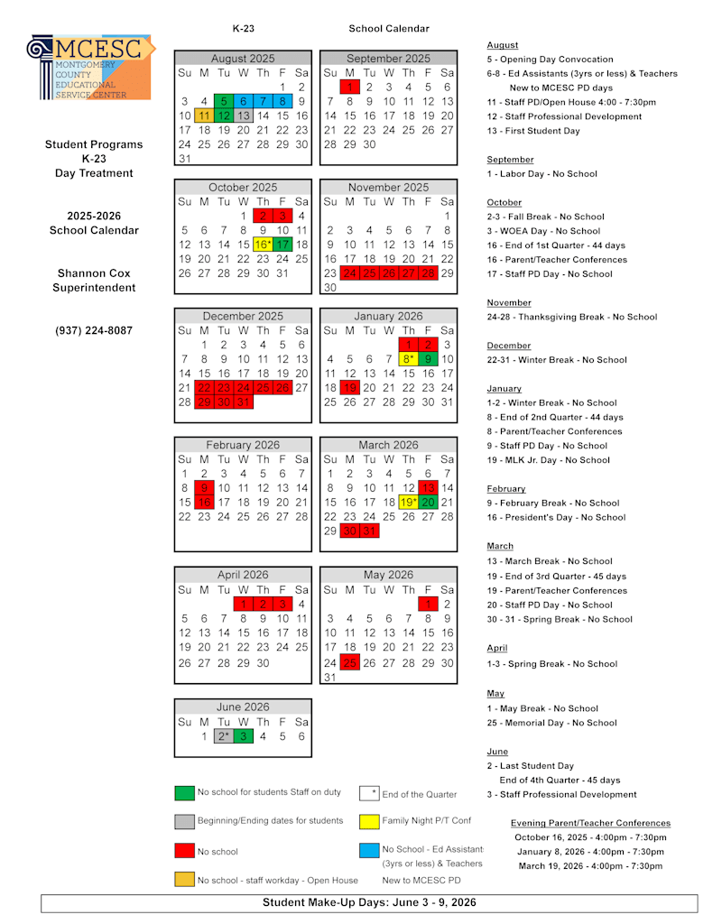 Calendar Learning Center West