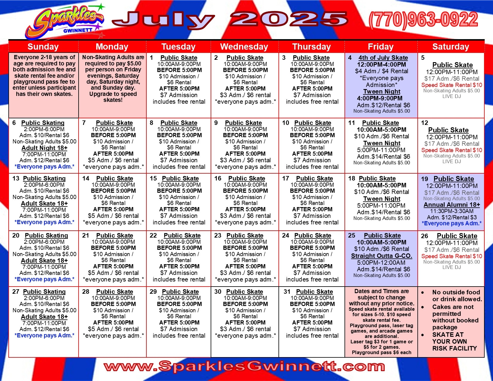 Calendar Of Events Roller Skating Rink In Atlanta Sparkles Gwinnett
