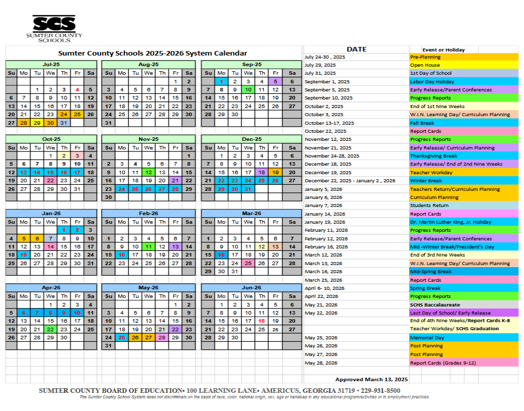 Calendar Sumter County Schools