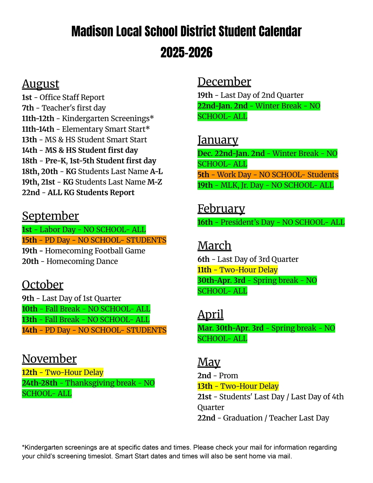 Calendars District District Madison Local Schools