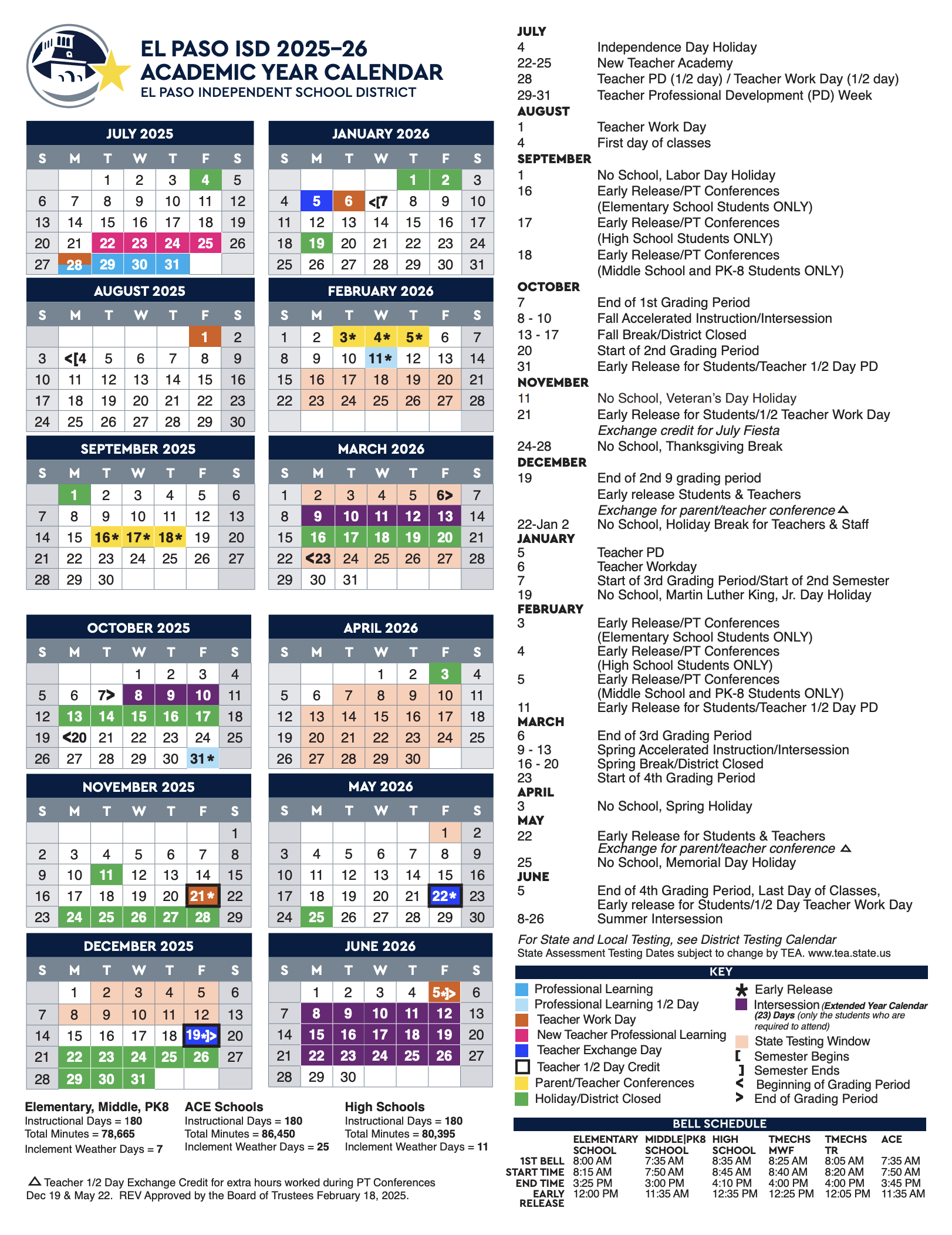 Calendars El Paso ISD