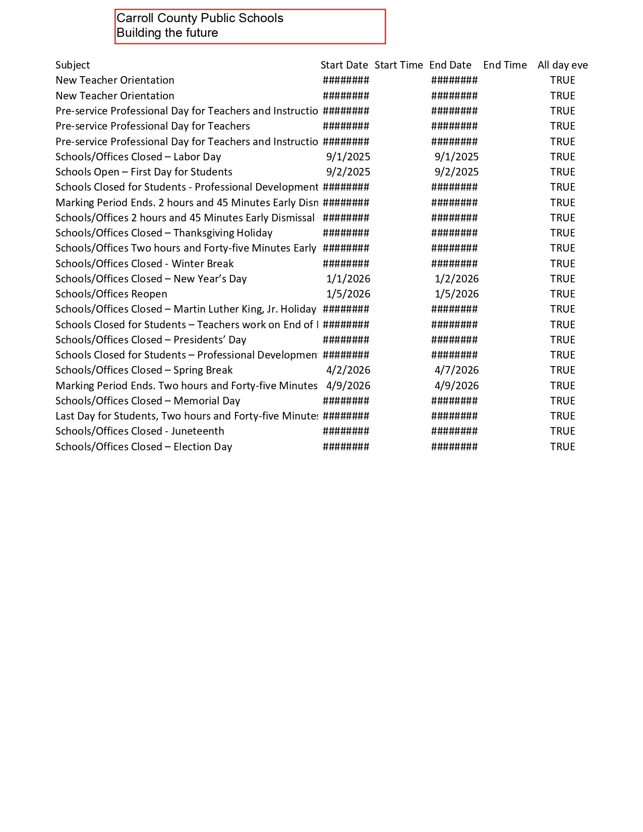 Carroll County Public Schools 25 26 Calendar Revised PDF EduCounty
