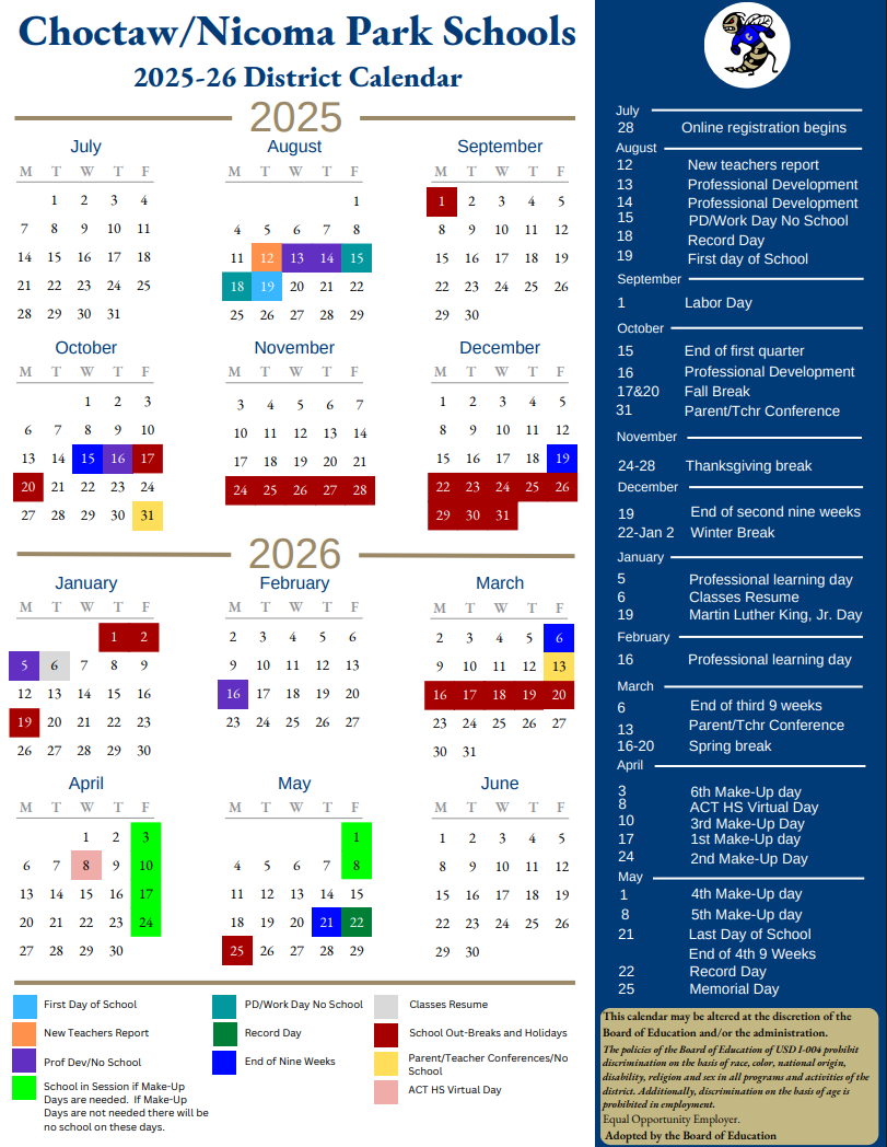 Choctaw Nicoma Park Public Schools District Calendar MetroFamily Magazine