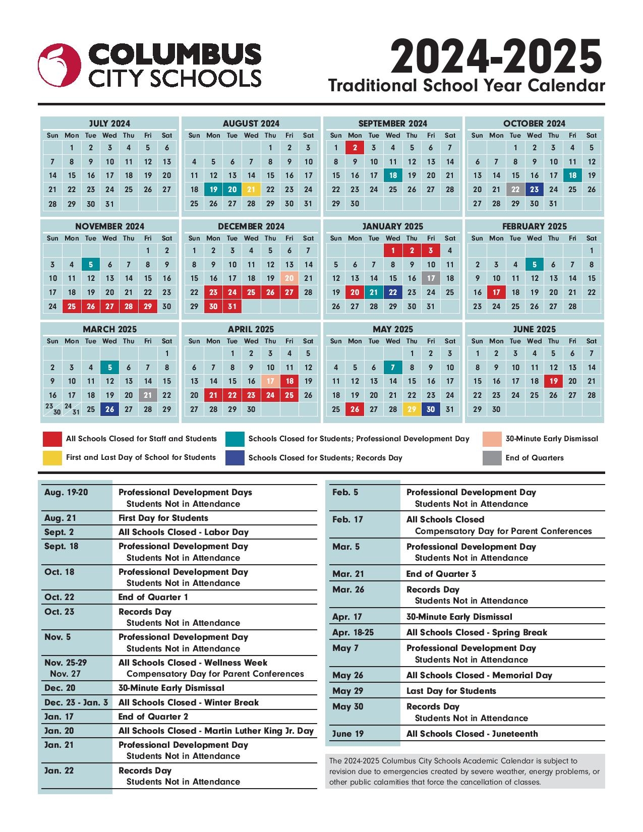 Columbus City Schools Calendar 2025 2026 Public School 