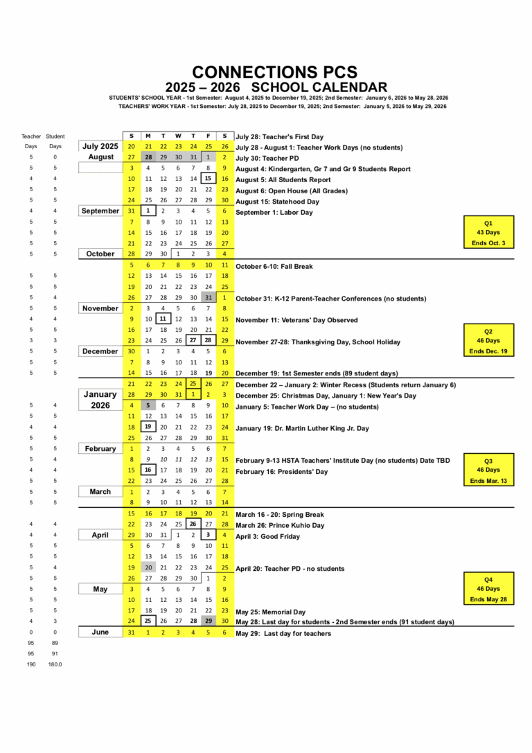 Connections Public Charter School Calendar