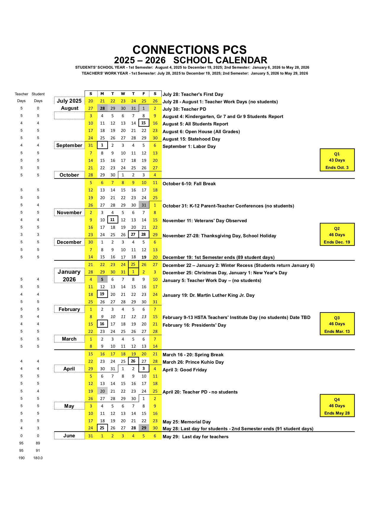 Connections Public Charter School Calendar