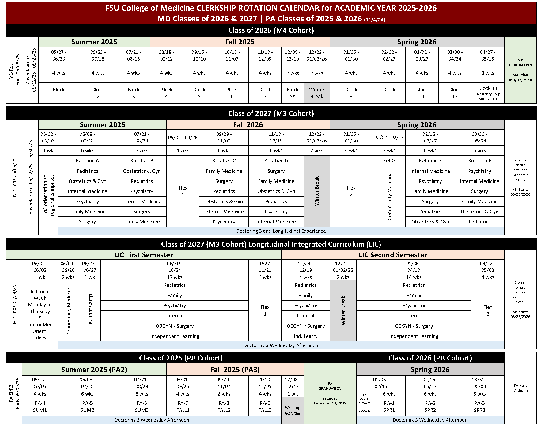 CURRENT Academic Programs Calendar College Of Medicine
