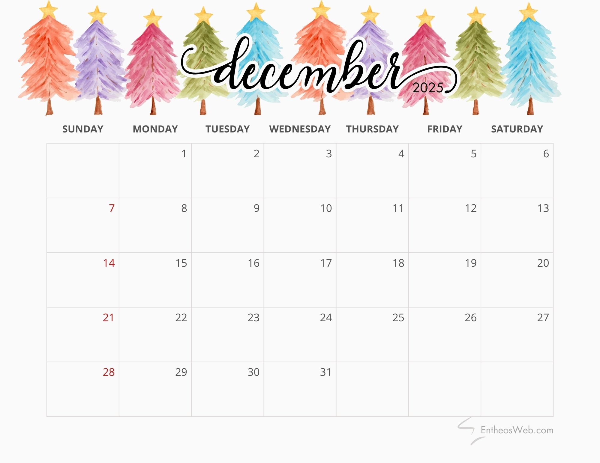 december 2025 calendar printable