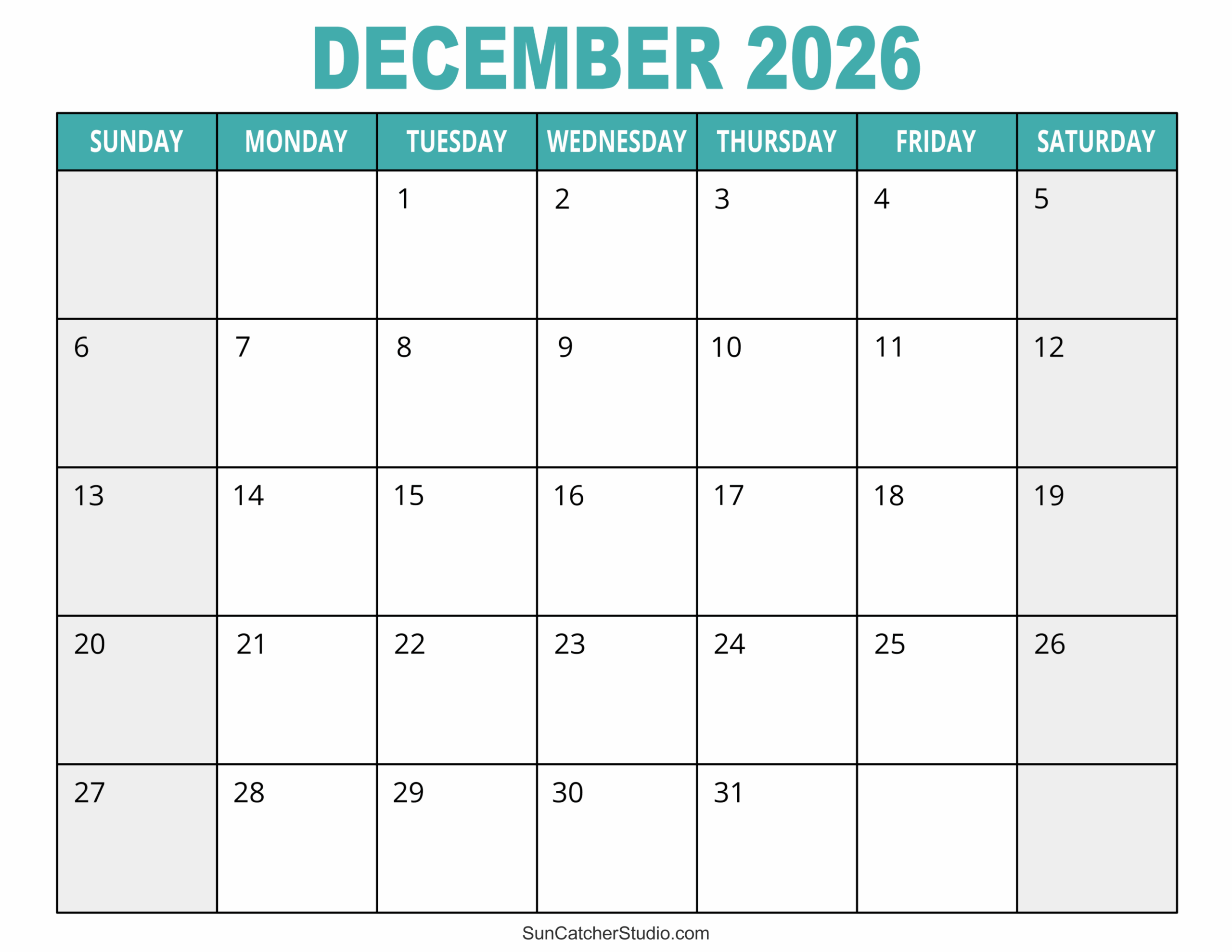 December 2026 Blank Printable Calendar