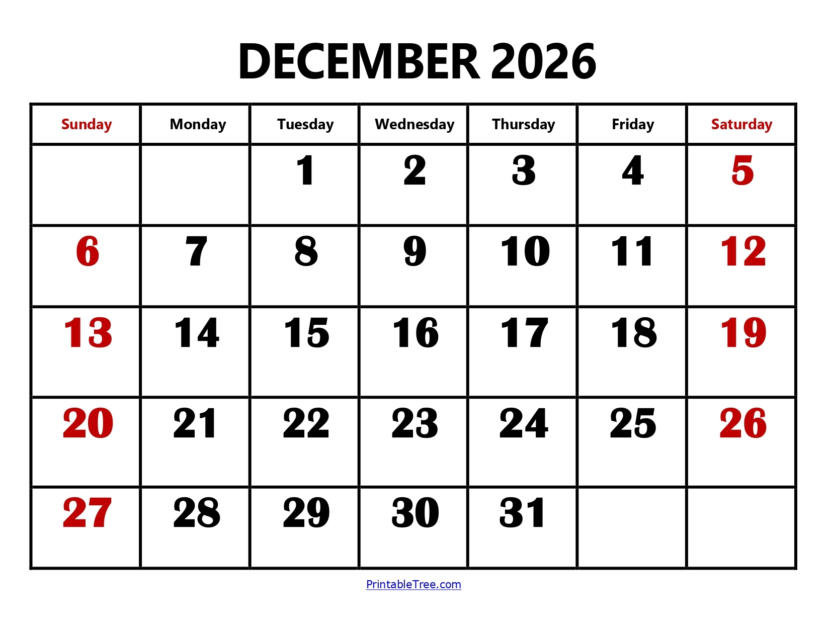 December 2026 Calendar Printable PDF With Holidays Templates