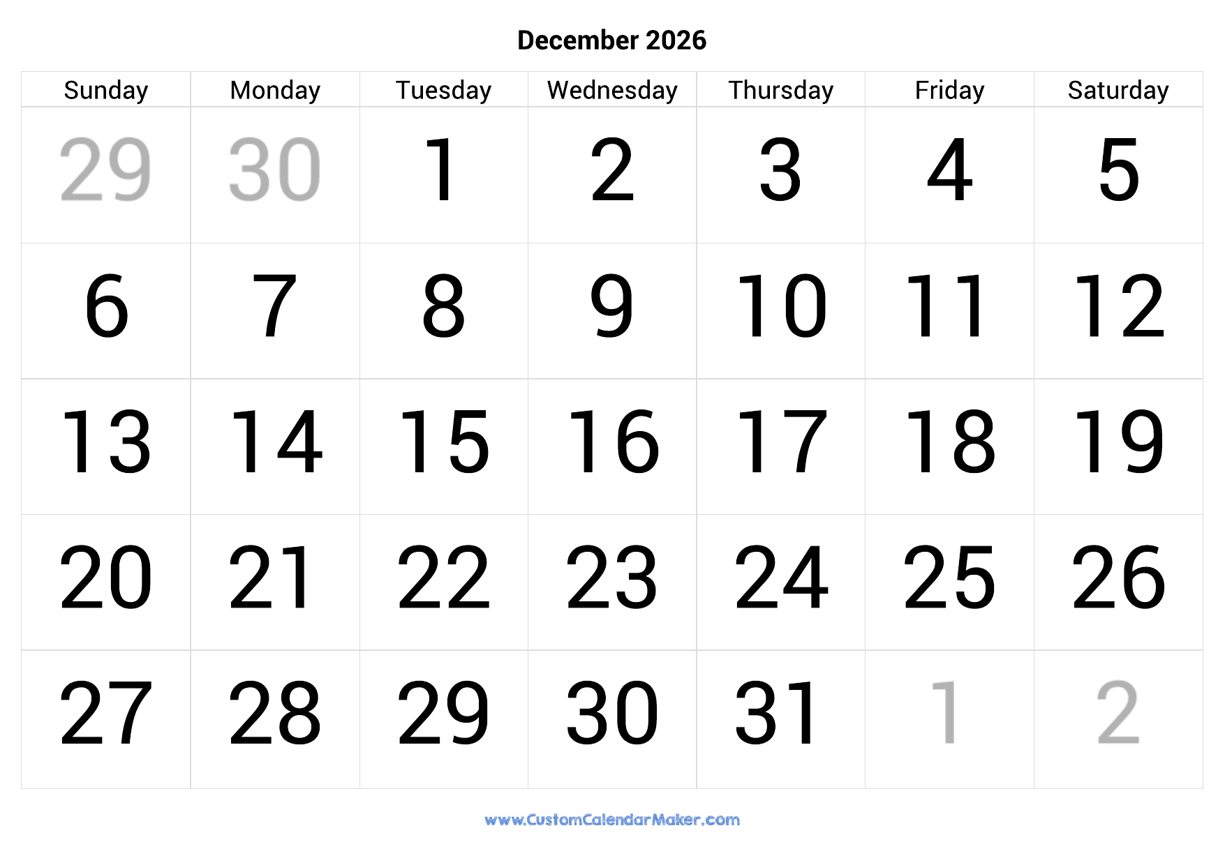 December 2026 Calendar Printable With Large Numbers Custom Calendar Maker