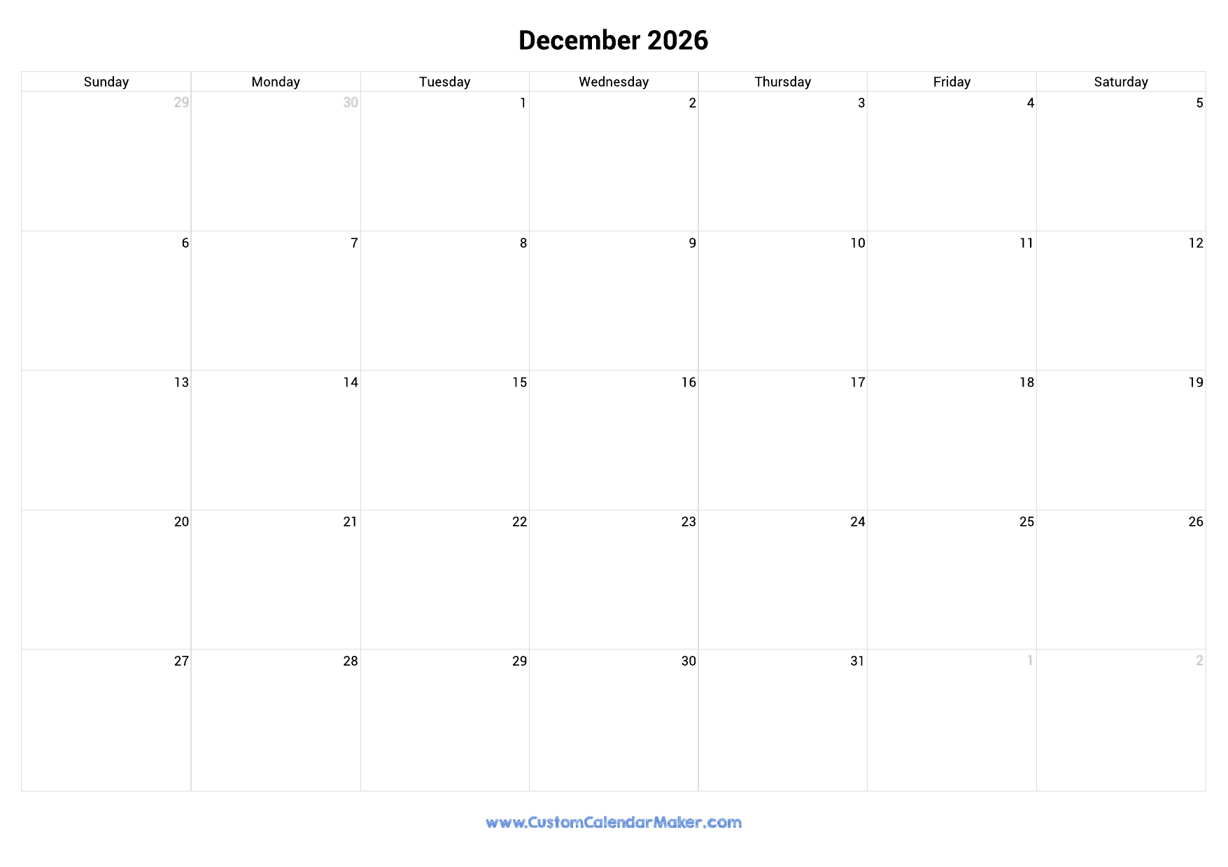 December 2026 Landscape Calendar With Large Boxes Custom Calendar Maker