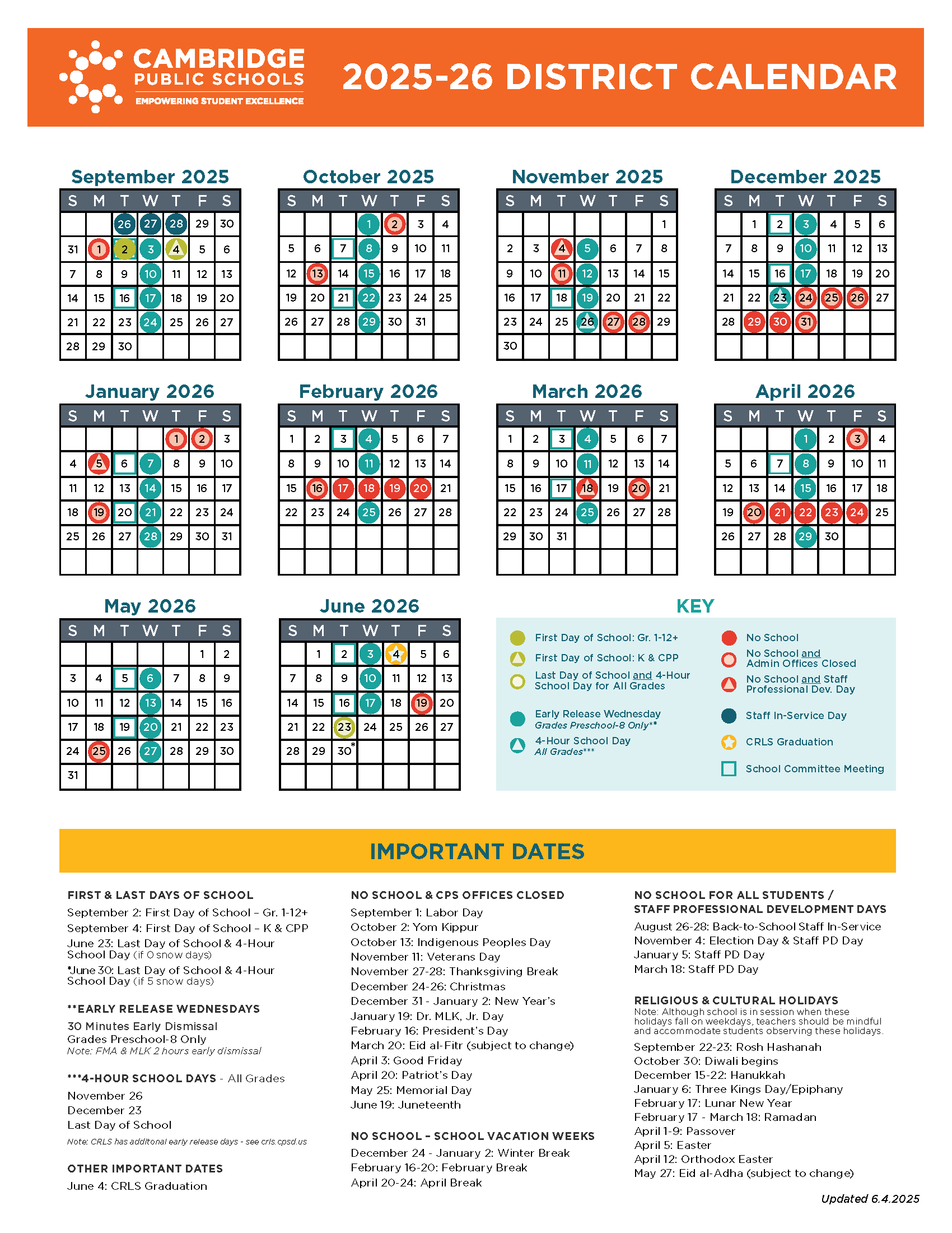District Calendar Cambridge Public Schools