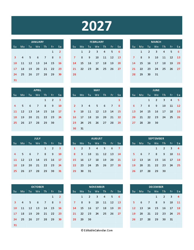 Download 2027 Calendar Printable Word Pdf Word Version 