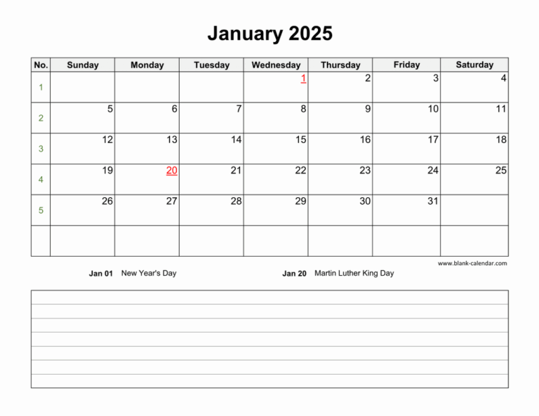 Download January 2025 Blank Calendar With Space For Notes horizontal