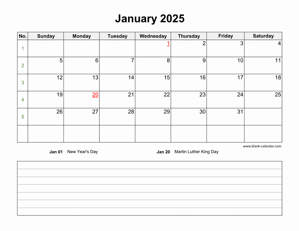 Download January 2025 Blank Calendar With Space For Notes horizontal 