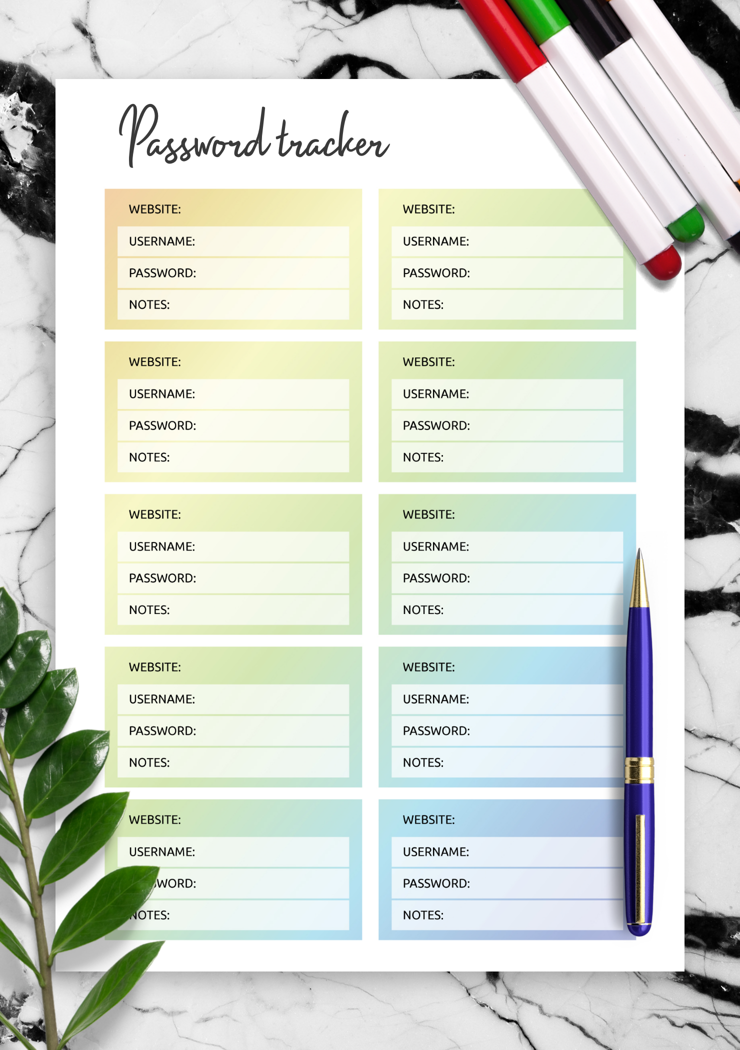 Download Printable Colored Gradient Sections Password Tracker Template PDF