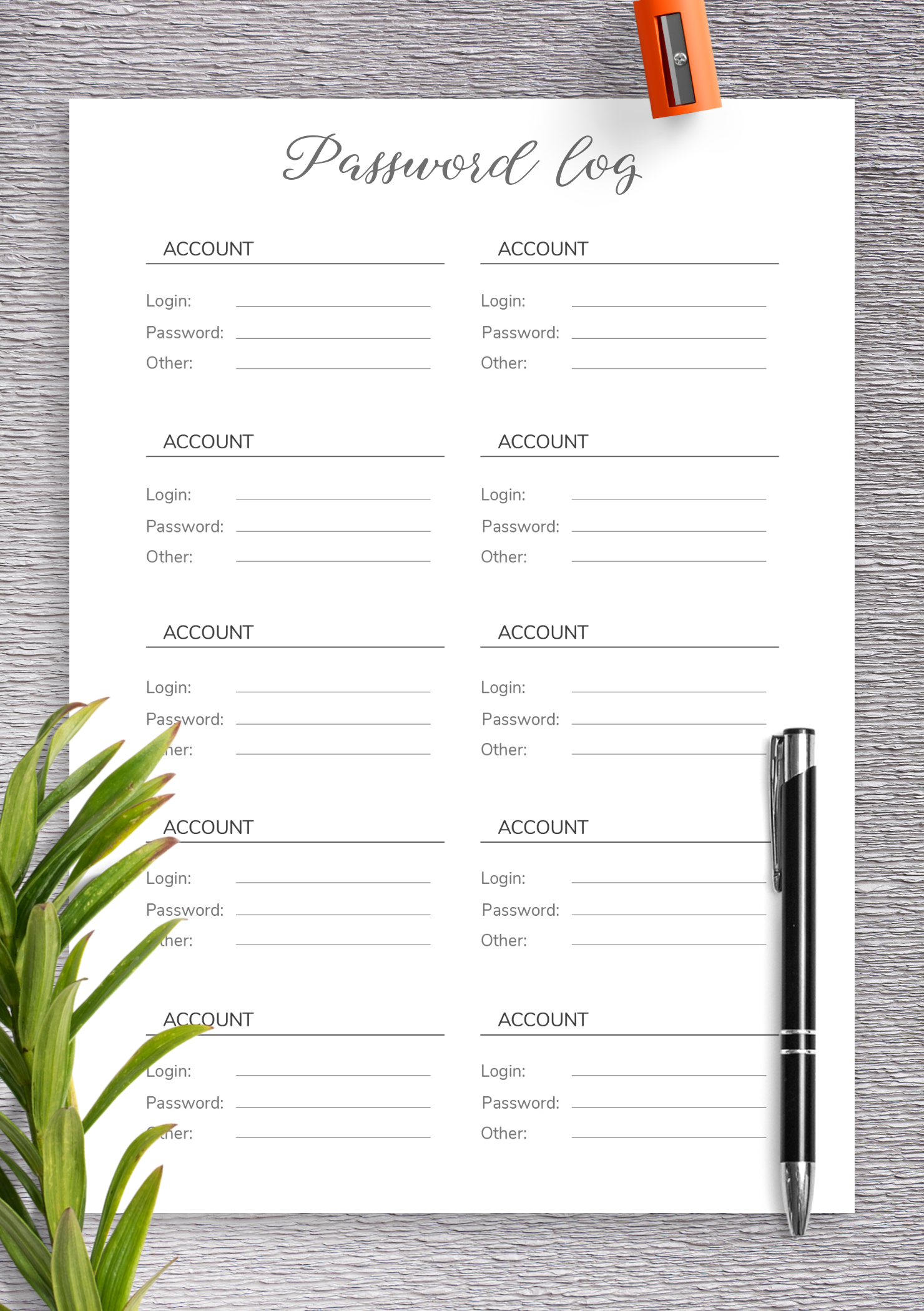 Download Printable Simple Font Password Log Template PDF