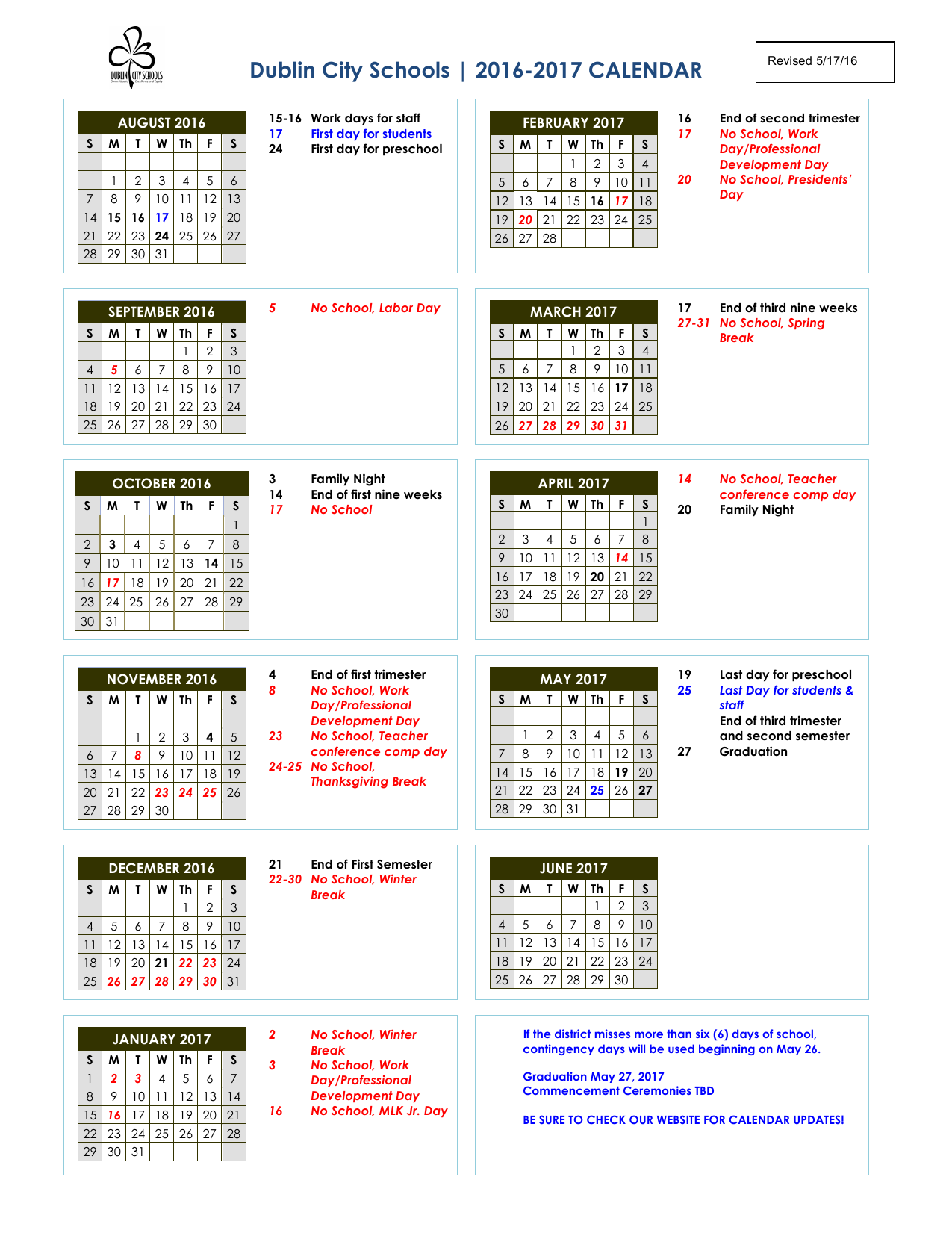 Dublin City Schools 2016 2017 Calendar