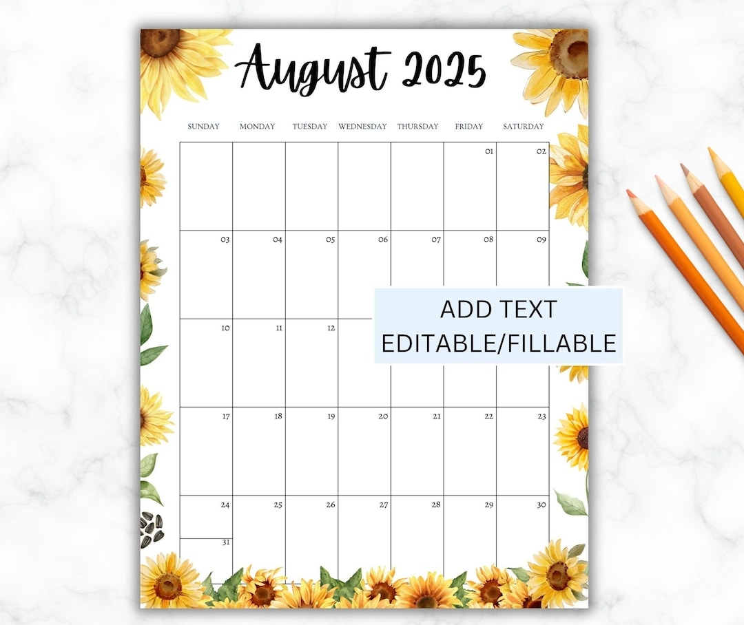 EDITABLE August 2025 Calendar Printable August Calendar Cute Monthly Calendar Summer Planner Calendar For Kids Work Home instant Download Etsy
