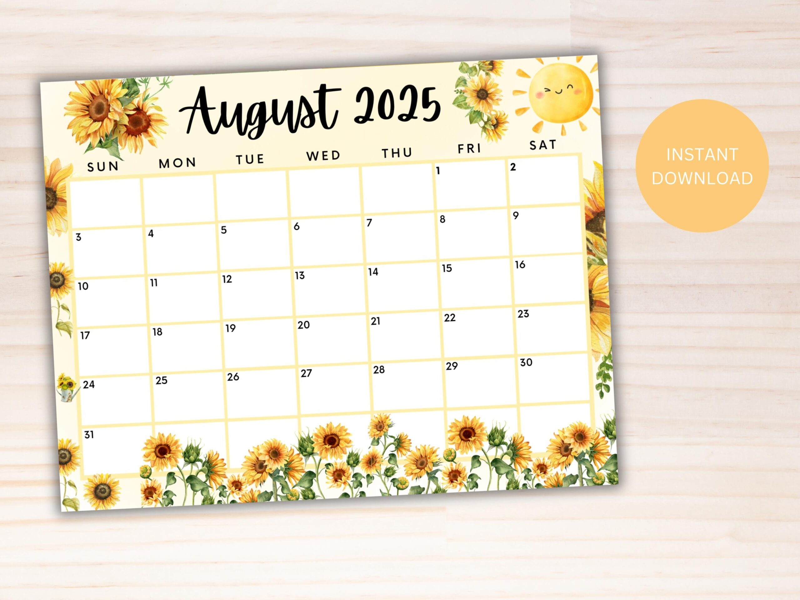 EDITABLE August 2025 Calendar Printable Calendar 2025 Sunflowers Calendar Kids Classroom Calendar Yellow School Calendar W Sunflowers Etsy